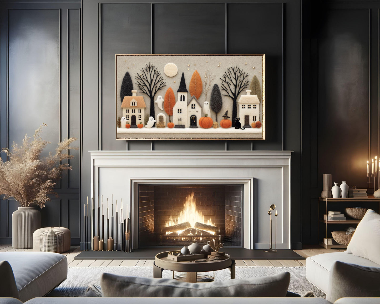 Felt Halloween Village Frame TV Art