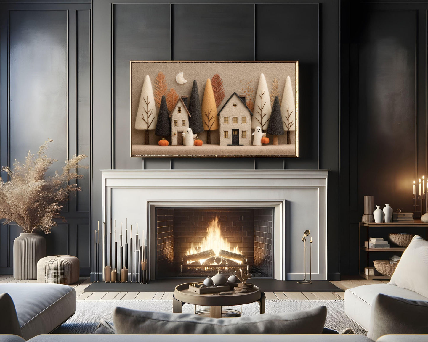 Felt Halloween Village Frame TV Art