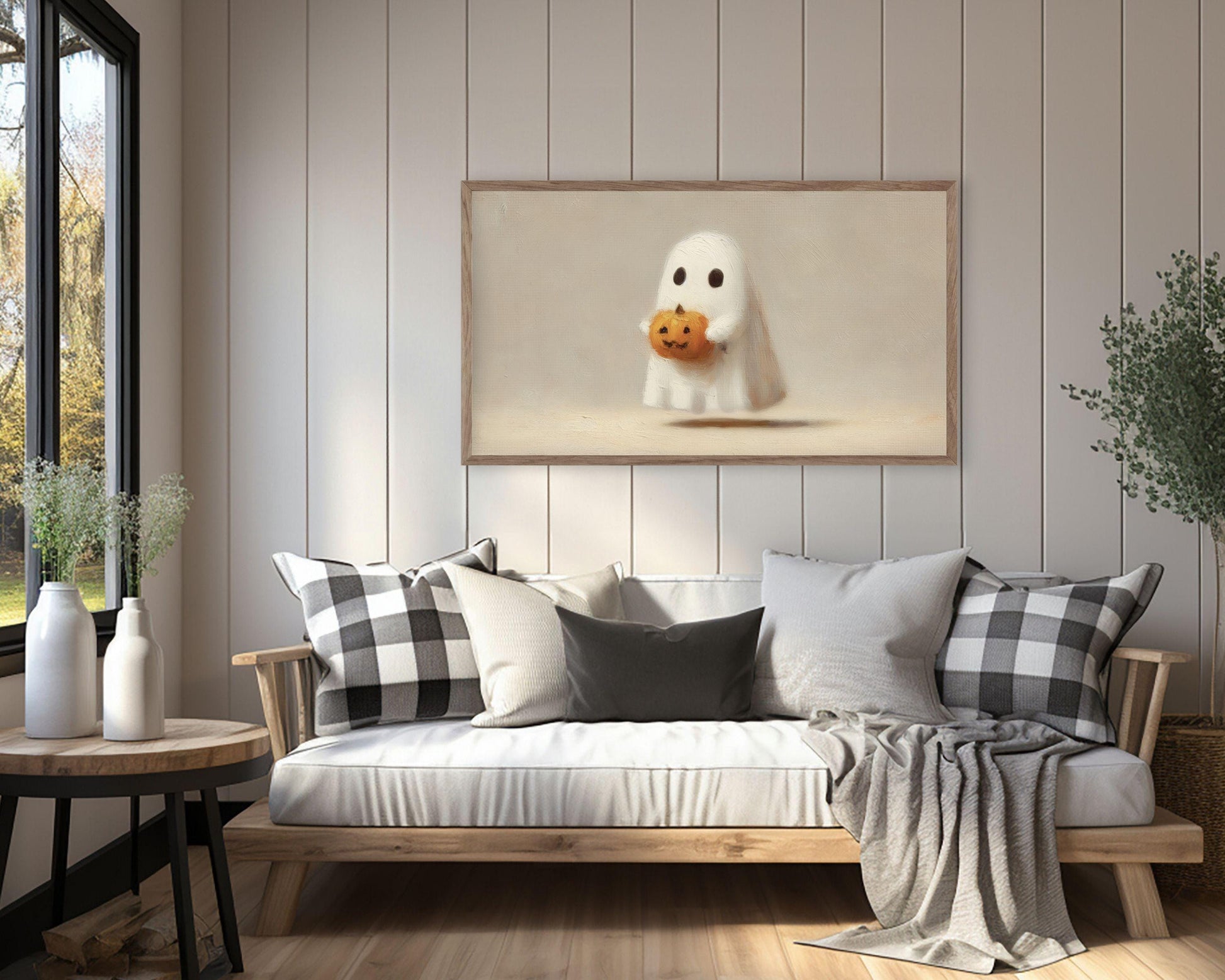 Halloween Ghost Holding Pumpkin Frame TV Art