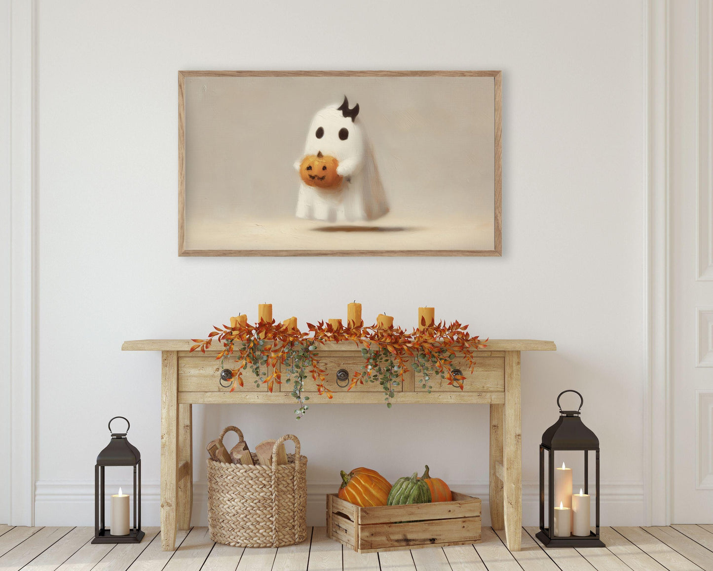 Cute Ghost with Bat Bow Frame TV Art