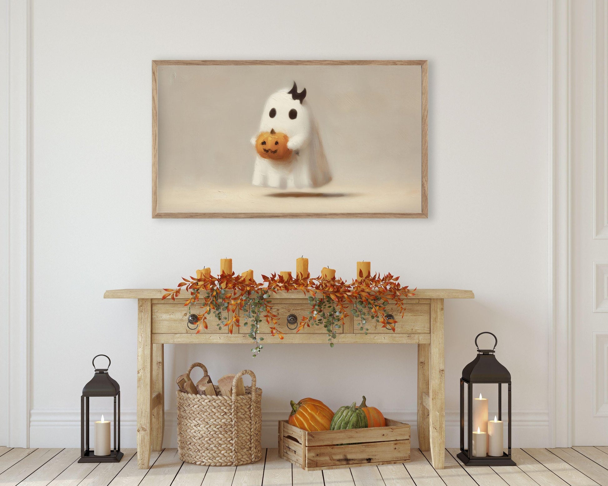 Cute Ghost with Bat Bow Frame TV Art