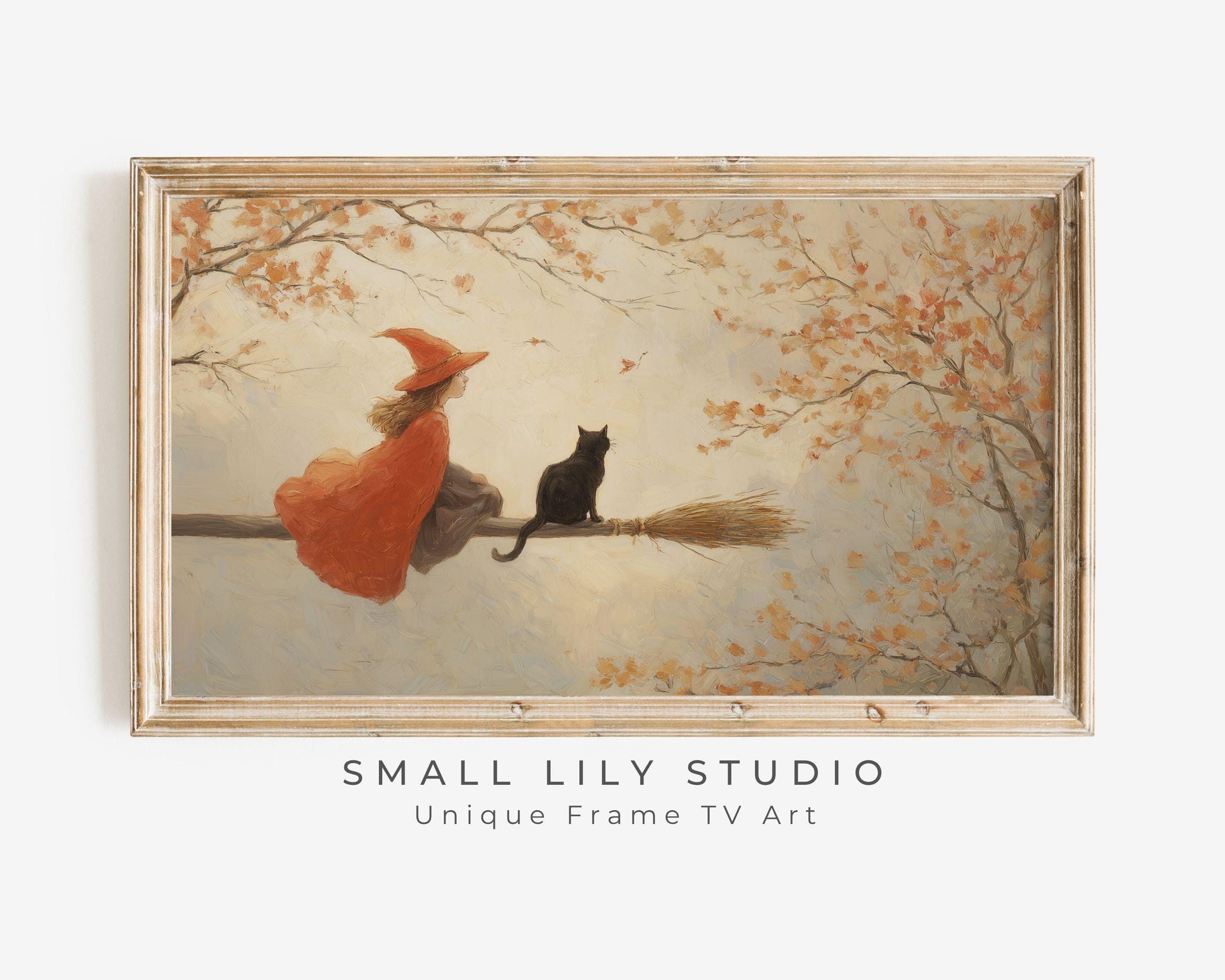 Witch and Black Cat on Broomstick Frame TV Art