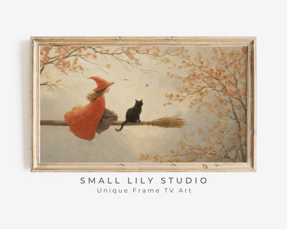 Witch and Black Cat on Broomstick Frame TV Art