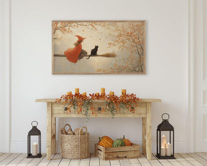 Witch and Black Cat on Broomstick Frame TV Art