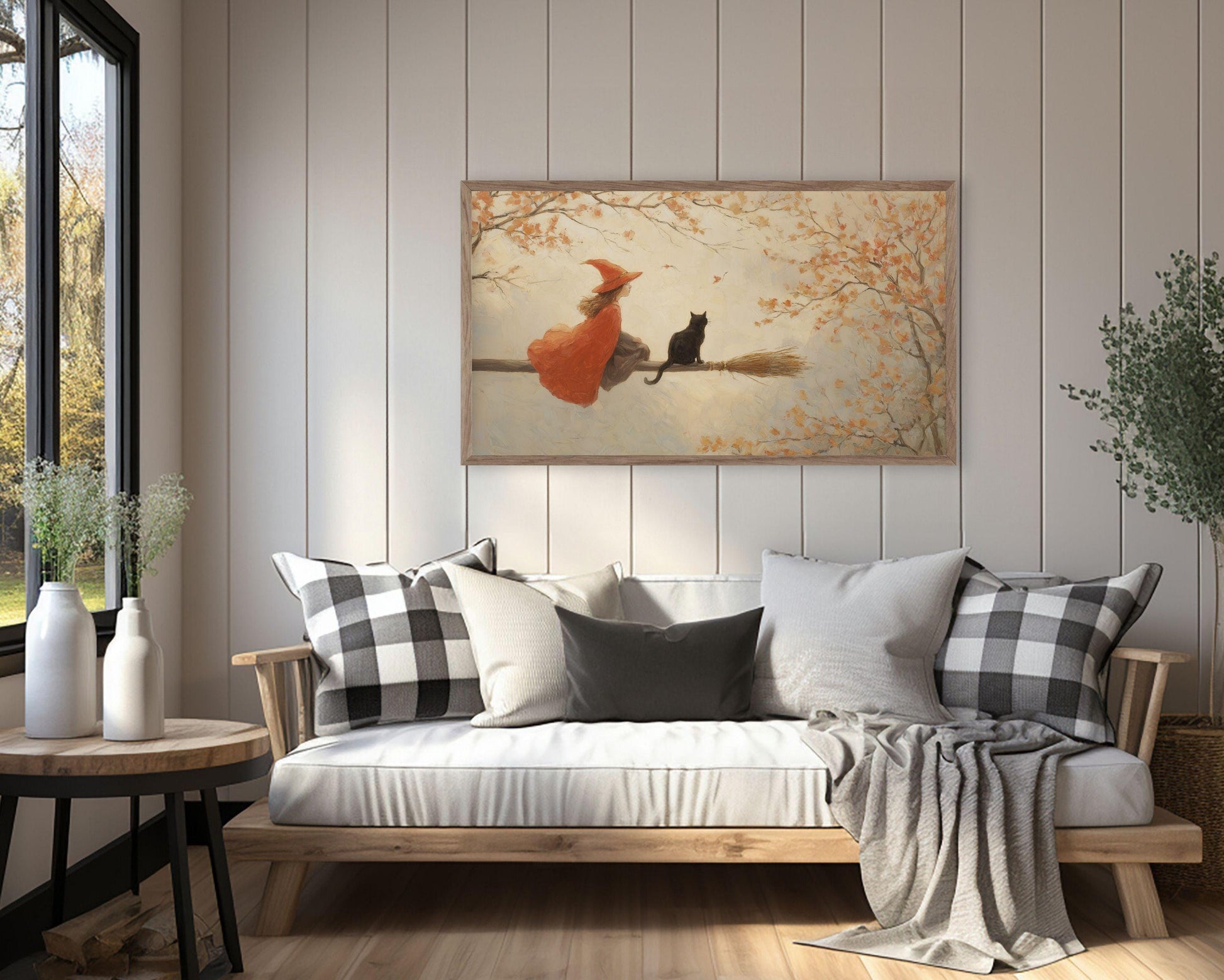 Witch and Black Cat on Broomstick Frame TV Art