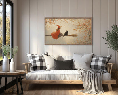 Witch and Black Cat on Broomstick Frame TV Art