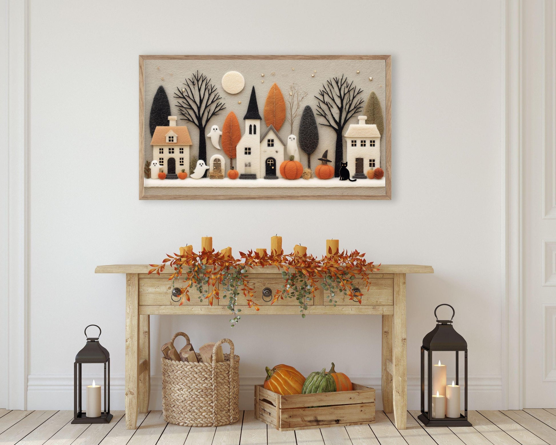 Felt Halloween Village Frame TV Art
