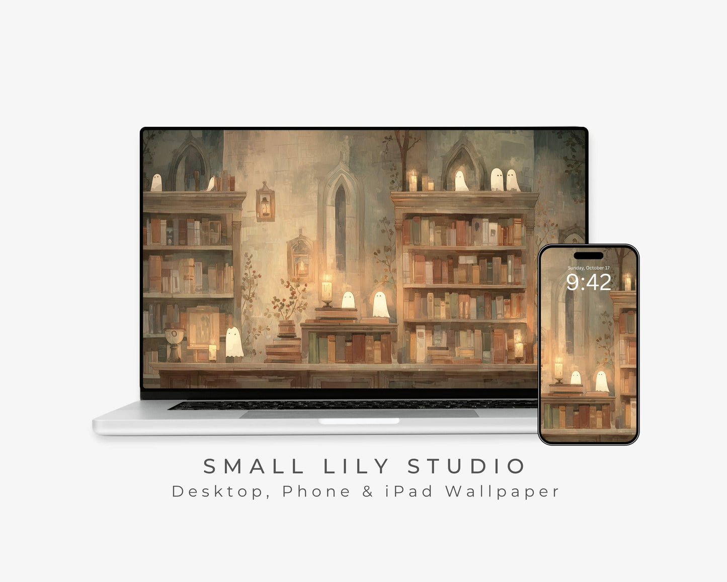 Ghosts in Bookcase Desktop Wallpaper Set