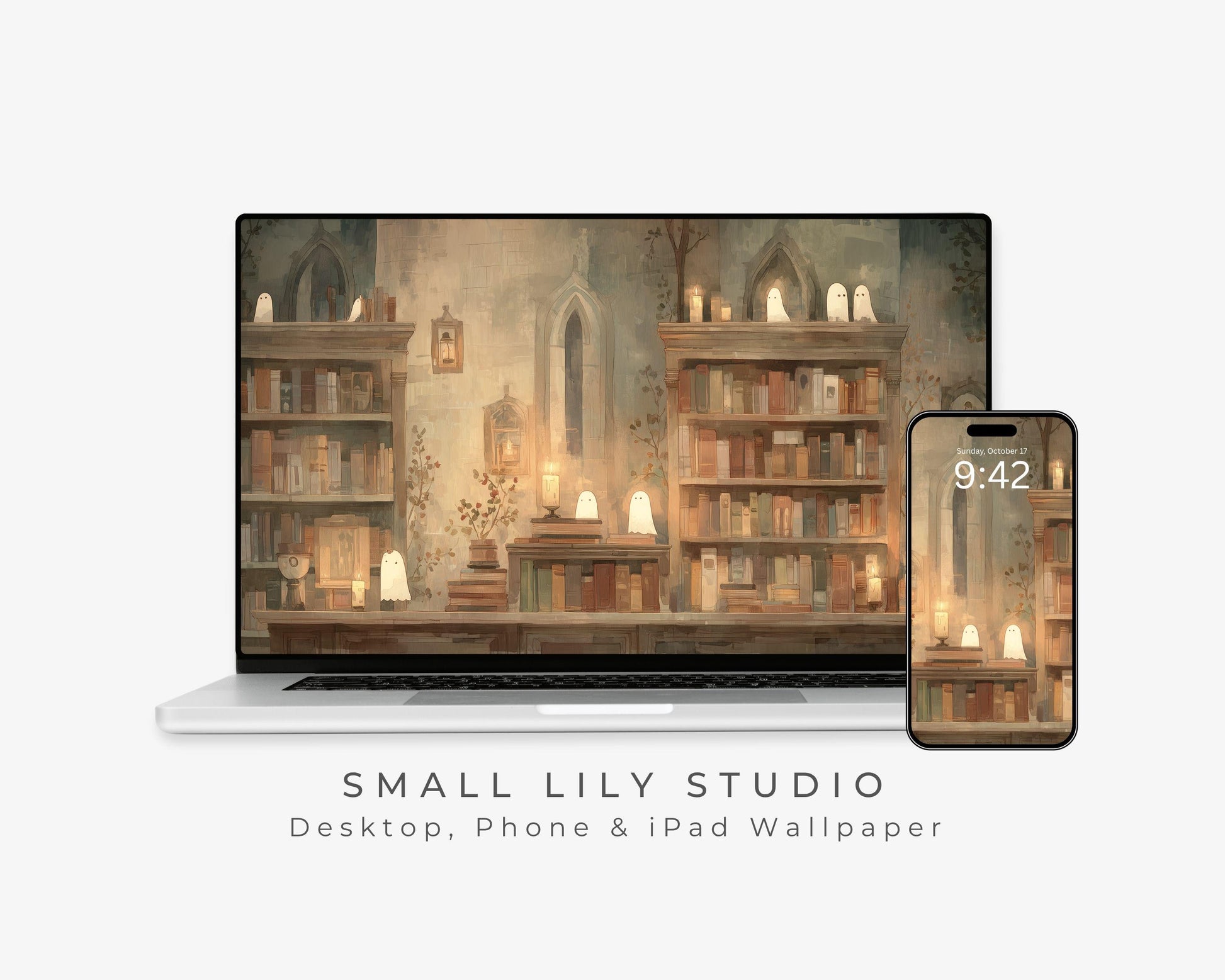 Ghosts in Bookcase Desktop Wallpaper Set