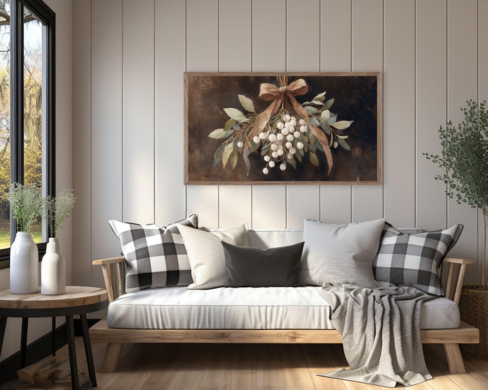 Moody Mistletoe with Brown Bow Frame TV Art