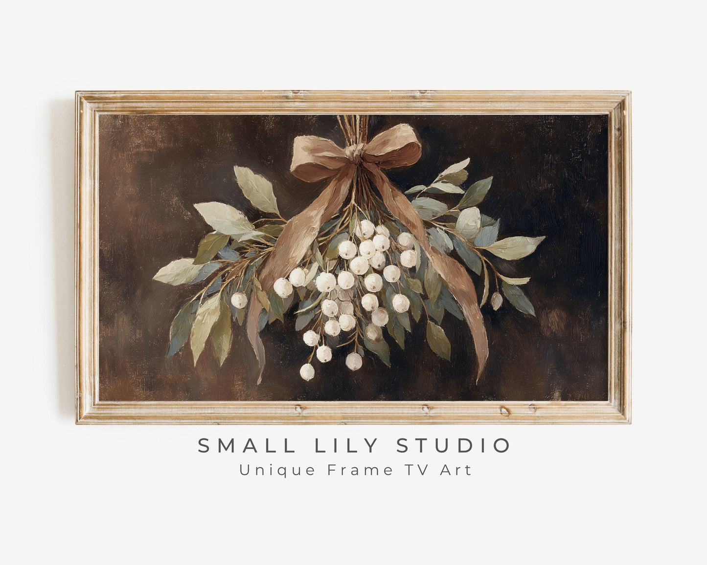 Moody Mistletoe with Brown Bow Frame TV Art