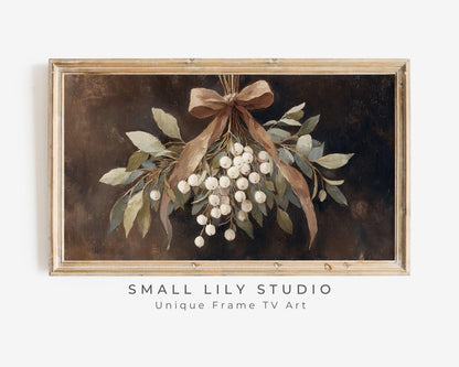 Moody Mistletoe with Brown Bow Frame TV Art