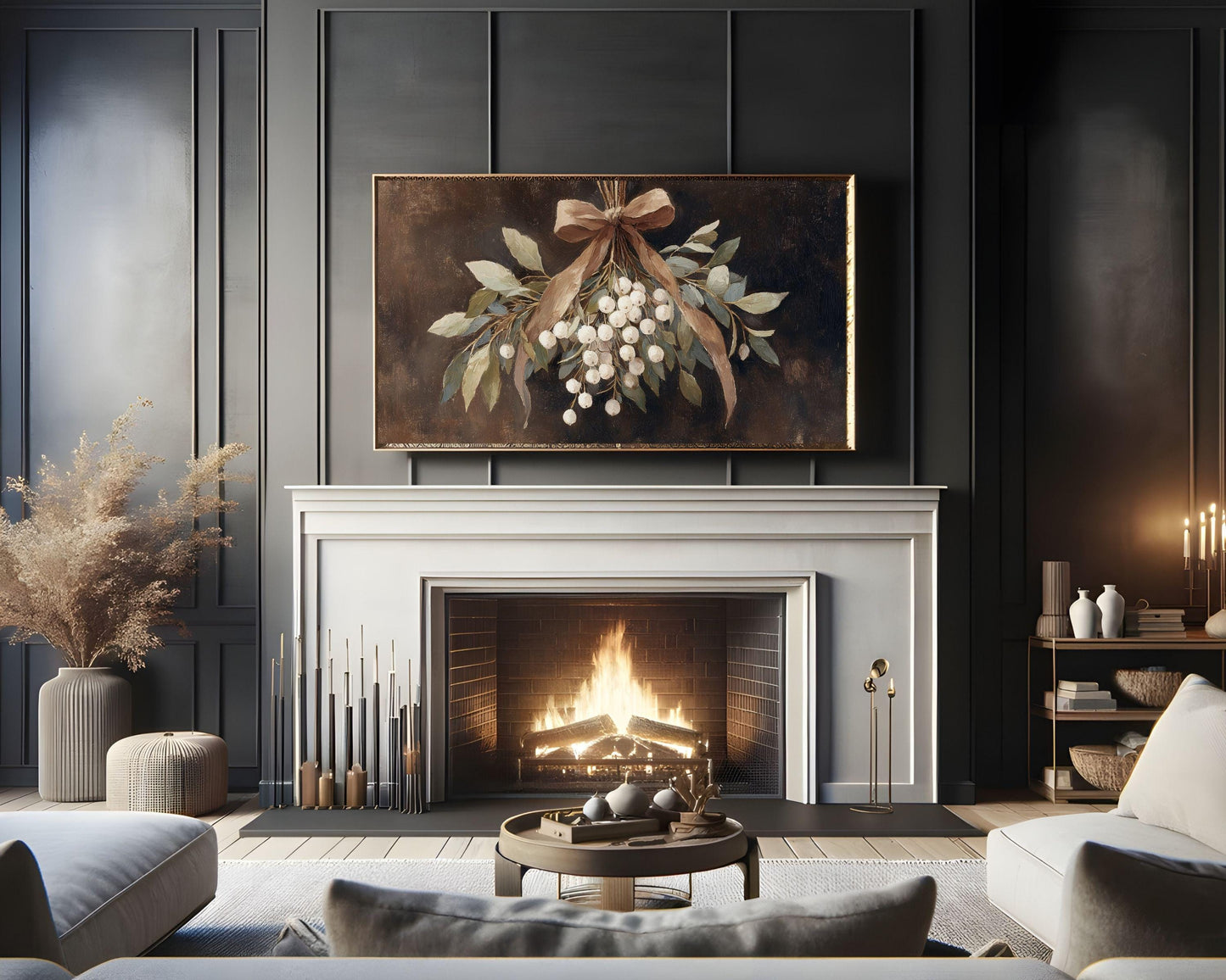 Moody Mistletoe with Brown Bow Frame TV Art