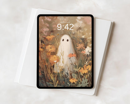 Cute Ghosts in Wildflowers iPad Wallpaper