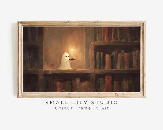 Cute Ghost on Bookshelf Frame TV Art