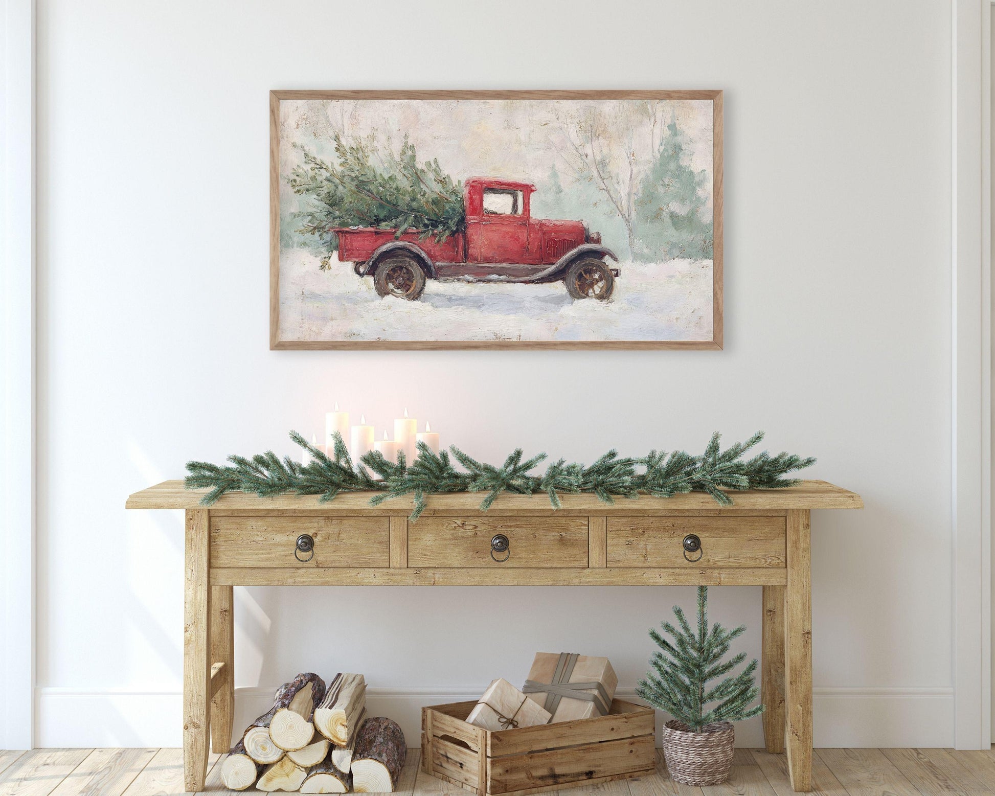 Red Truck with Christmas Tree Frame TV Art
