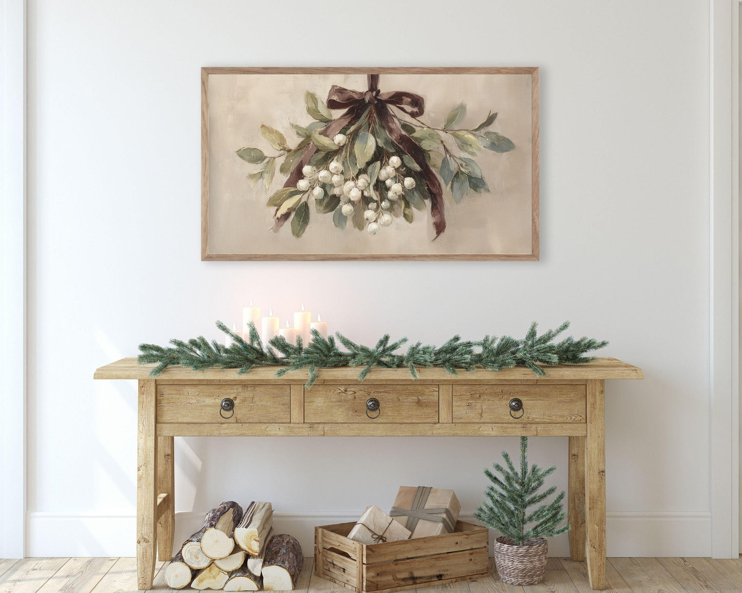 Mistletoe with Brown Bow Frame TV Art