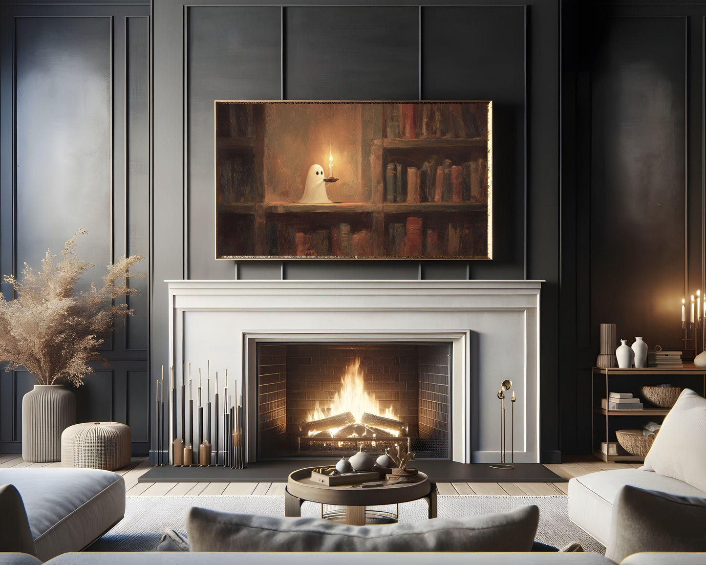 Cute Ghost on Bookshelf Frame TV Art