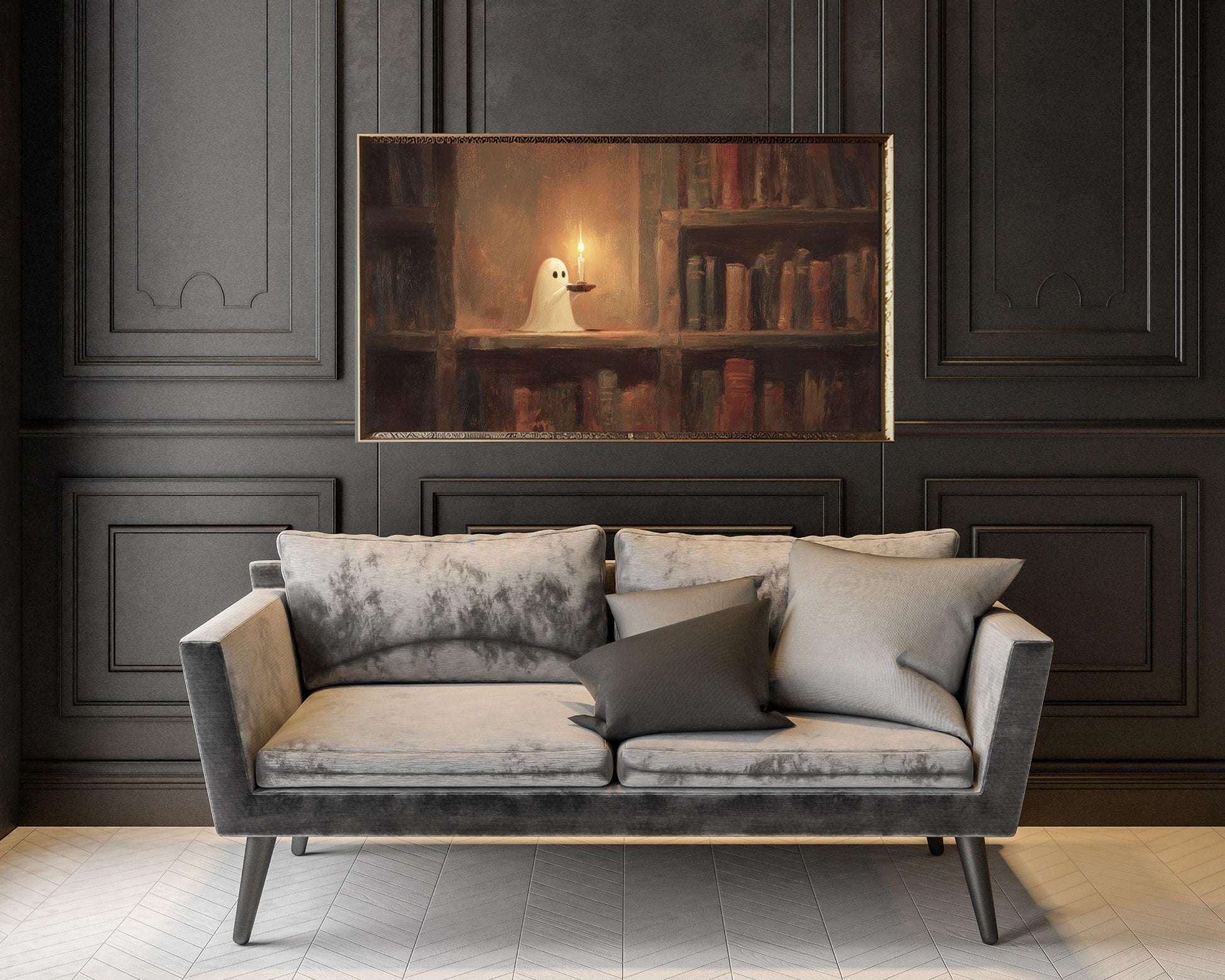 Cute Ghost on Bookshelf Frame TV Art