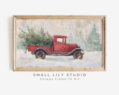 Red Truck with Christmas Tree Frame TV Art