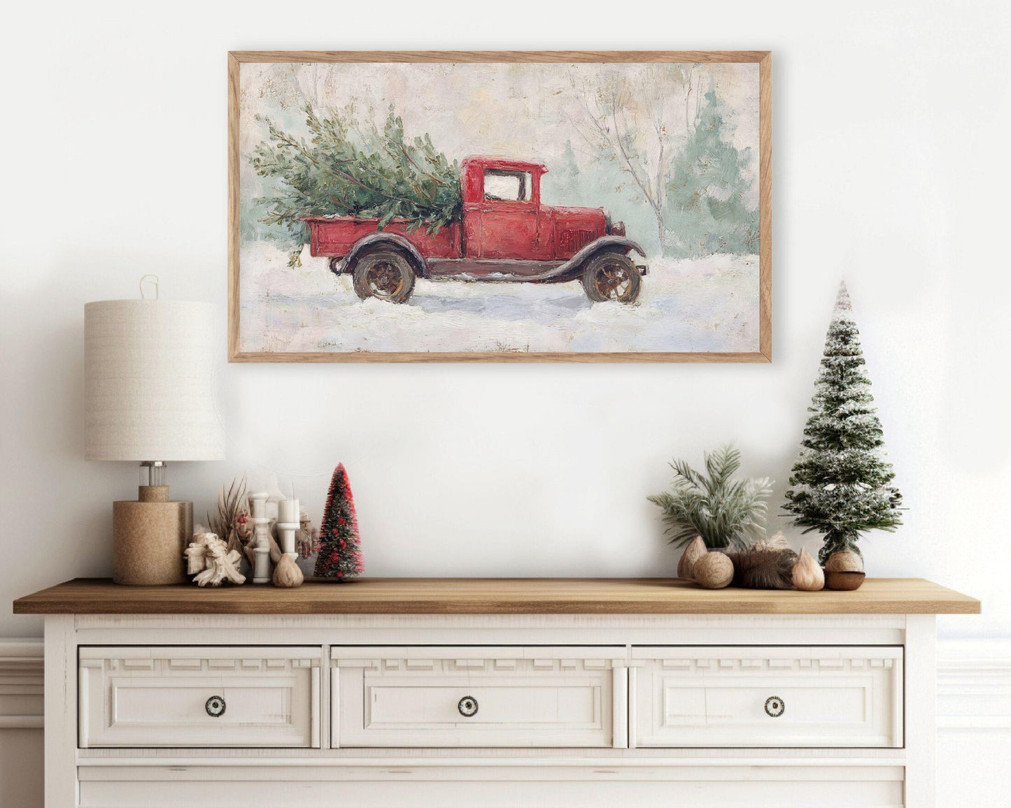 Red Truck with Christmas Tree Frame TV Art