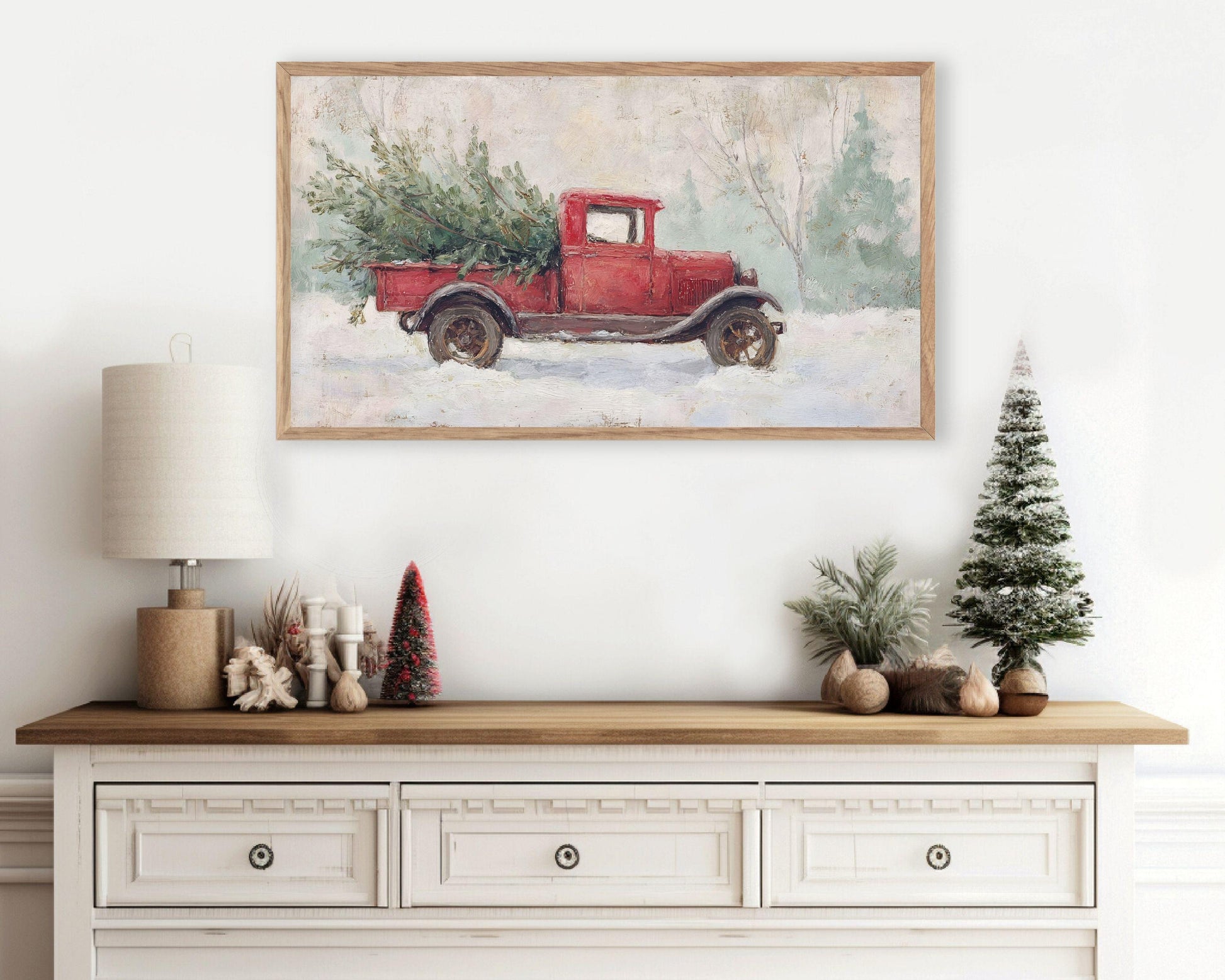 Red Truck with Christmas Tree Frame TV Art