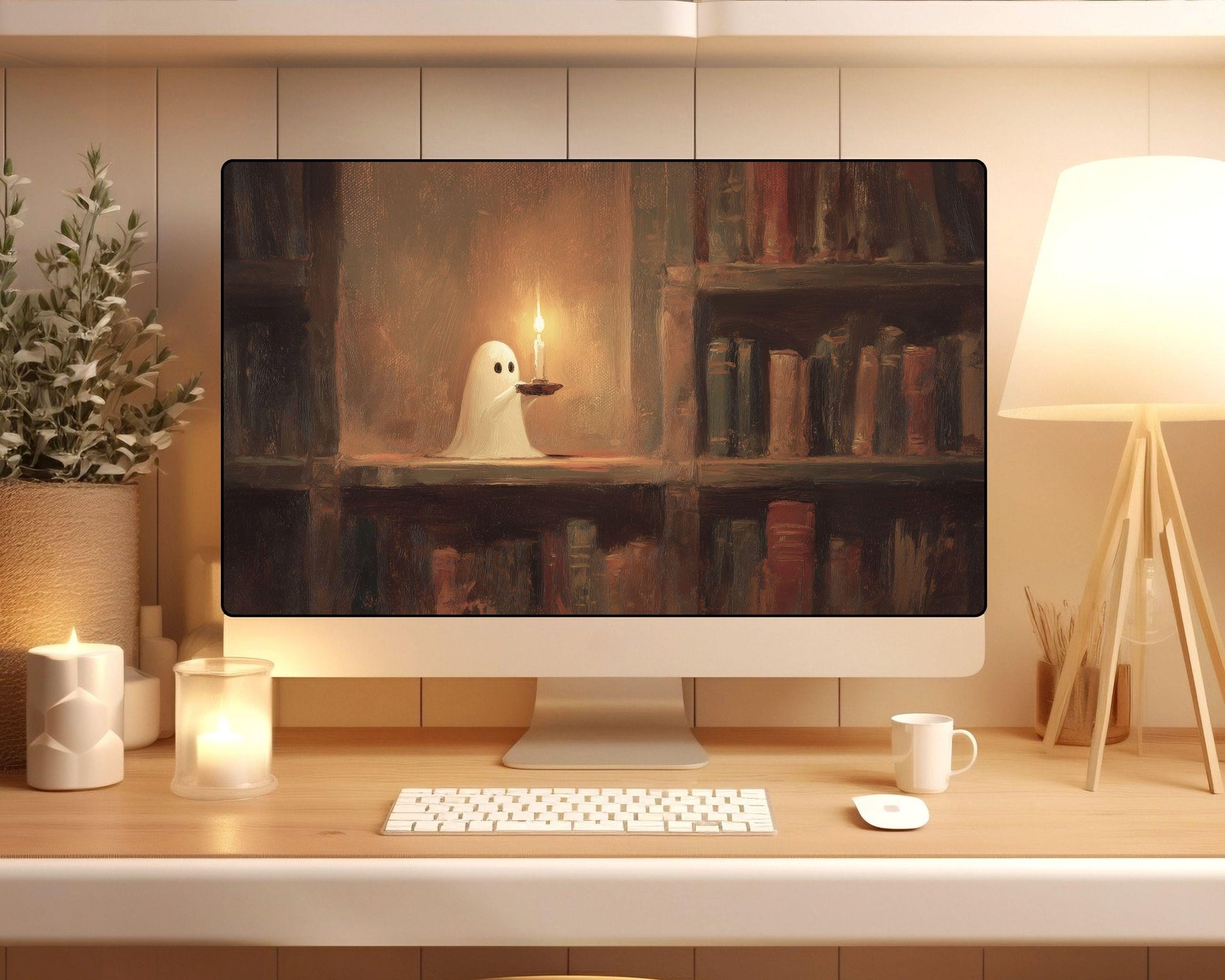 Cute Library Ghost Desktop Wallpaper Set
