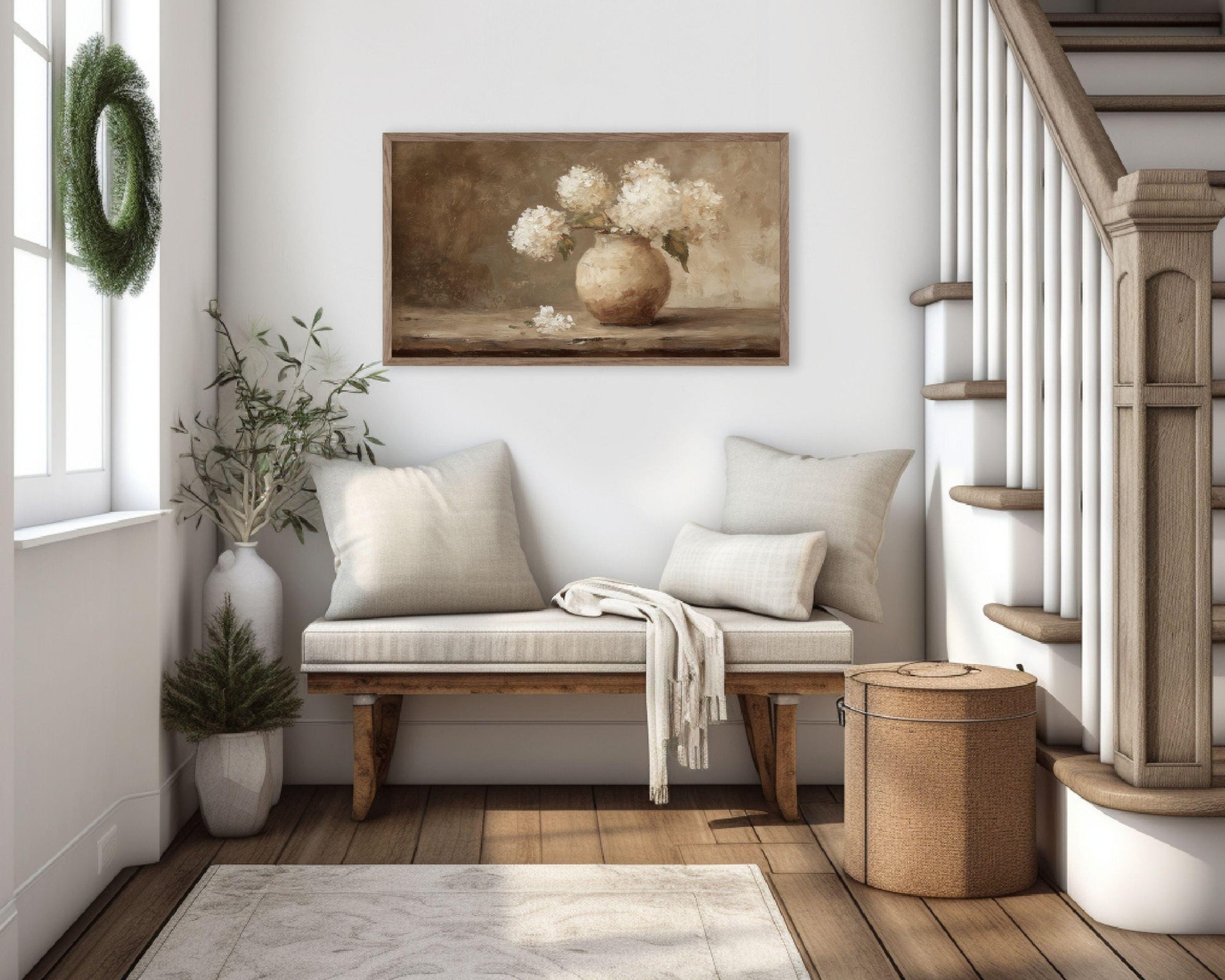 Hydrangeas in Rustic Vase Frame TV Art