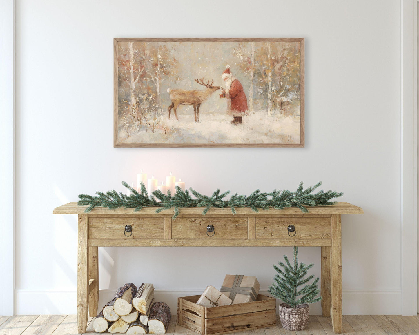 Santa Feeding Reindeer Frame TV Art