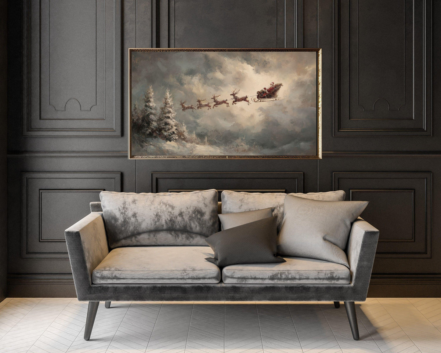 Santa and Flying Reindeer Frame TV Art