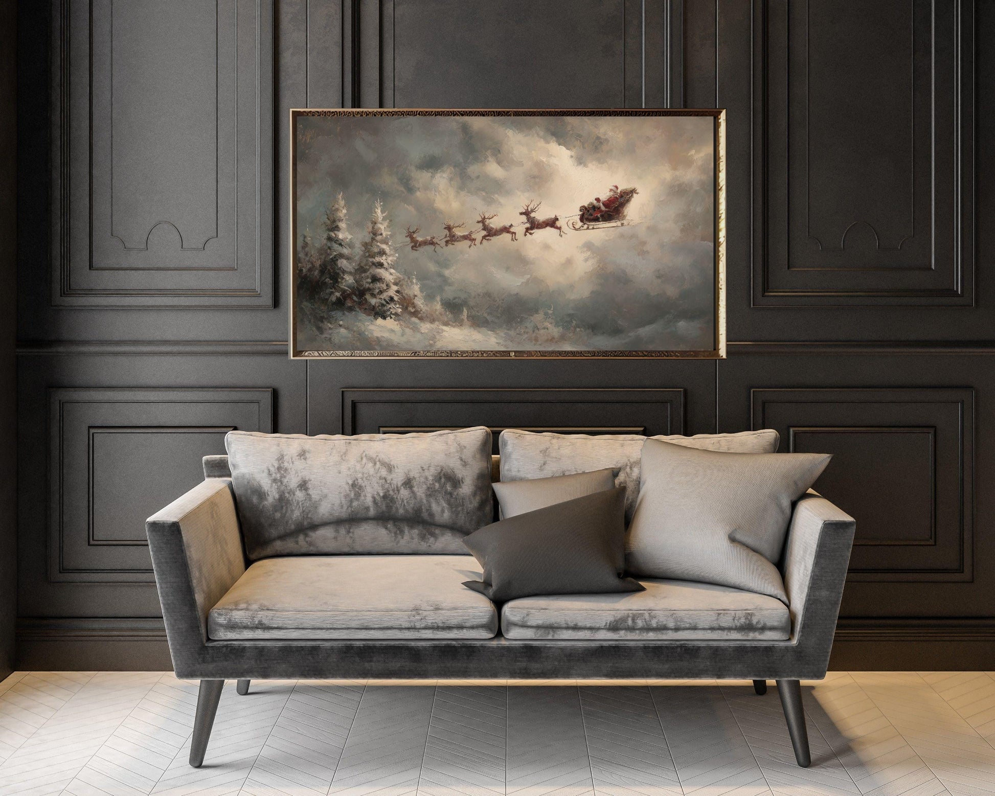 Santa and Flying Reindeer Frame TV Art