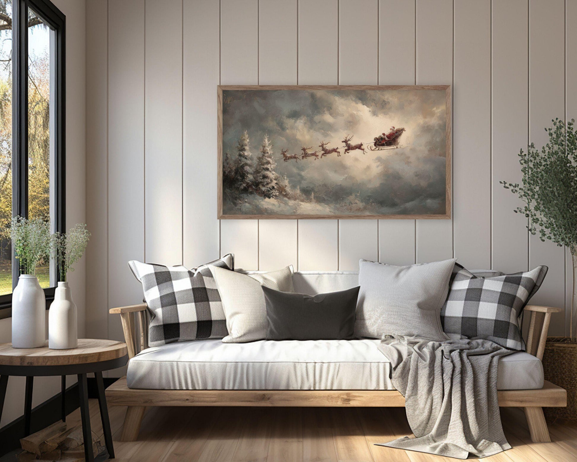 Santa and Flying Reindeer Frame TV Art