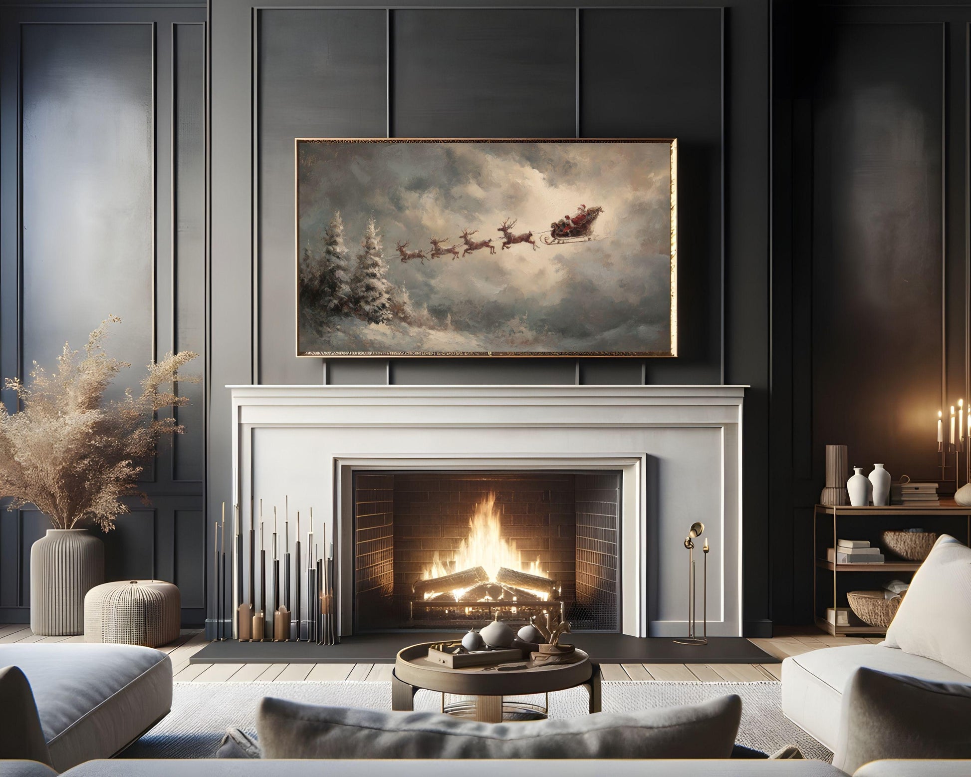 Santa and Flying Reindeer Frame TV Art