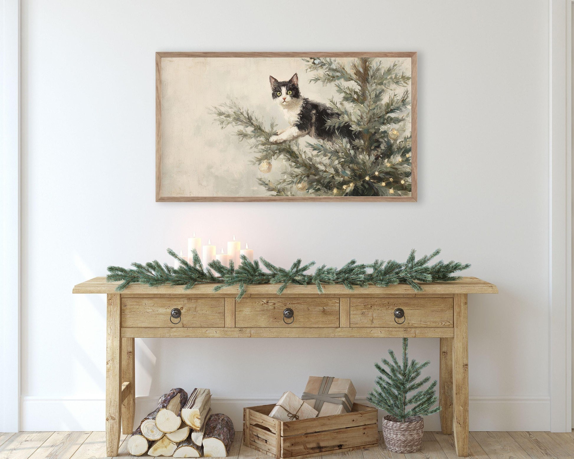 Cat on Christmas Tree Frame TV Art