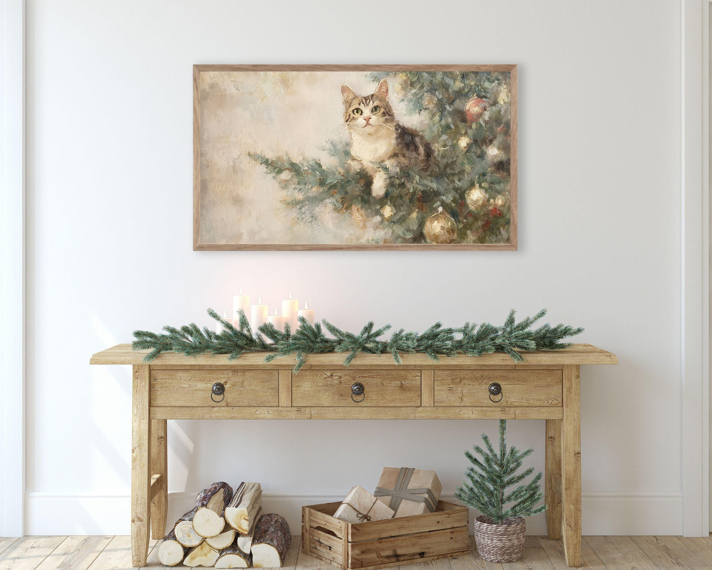 Cat and Christmas Tree Frame TV Art