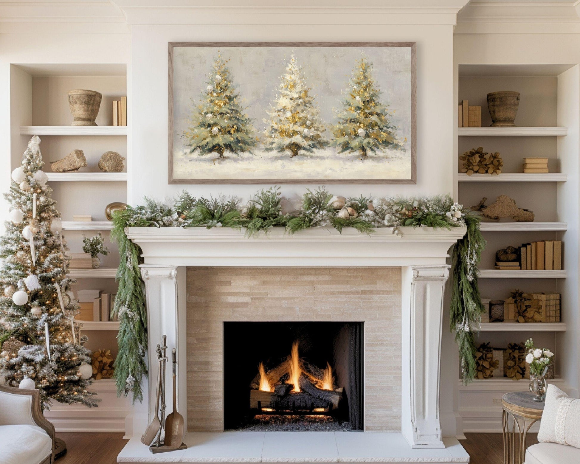 Gold and White Christmas Trees Frame TV Art