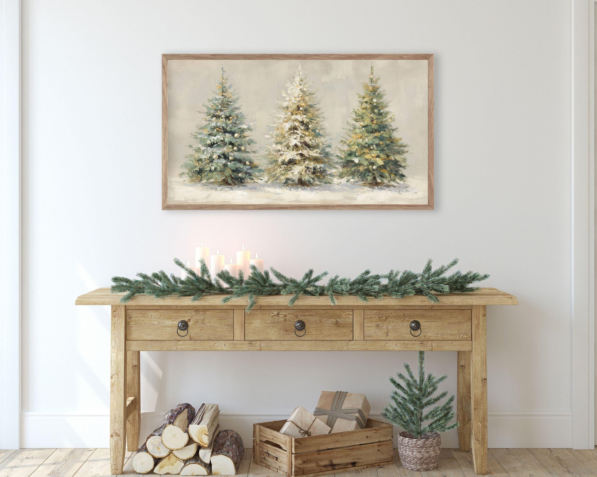 Gold and White Christmas Trees Frame TV Art