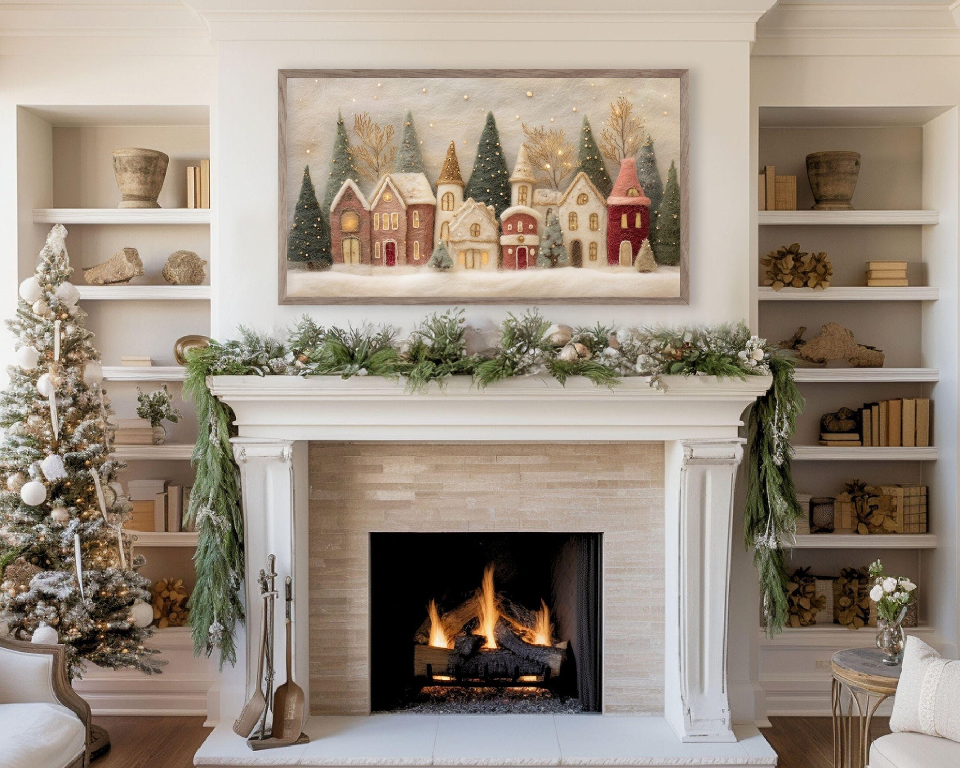 FRAME TV art Christmas Village Felt Style, Samsung Frame TV art Cute Winter Holiday Picture for kids | TV980