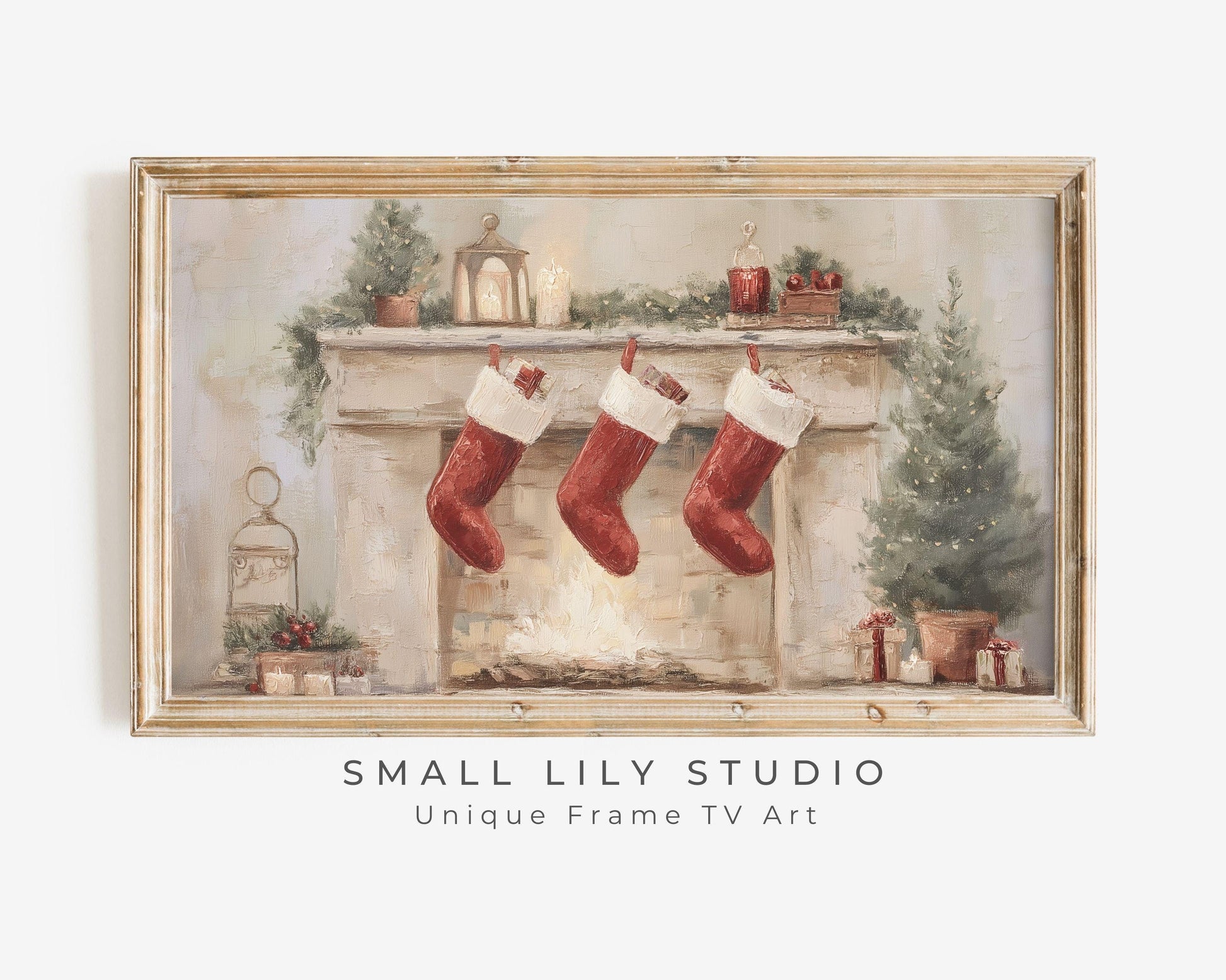 FRAME TV art 3 Christmas Stockings by Fireplace, Samsung Frame TV art Cute Winter Holiday Picture for kids | TV983