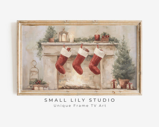 FRAME TV art 3 Christmas Stockings by Fireplace, Samsung Frame TV art Cute Winter Holiday Picture for kids | TV983