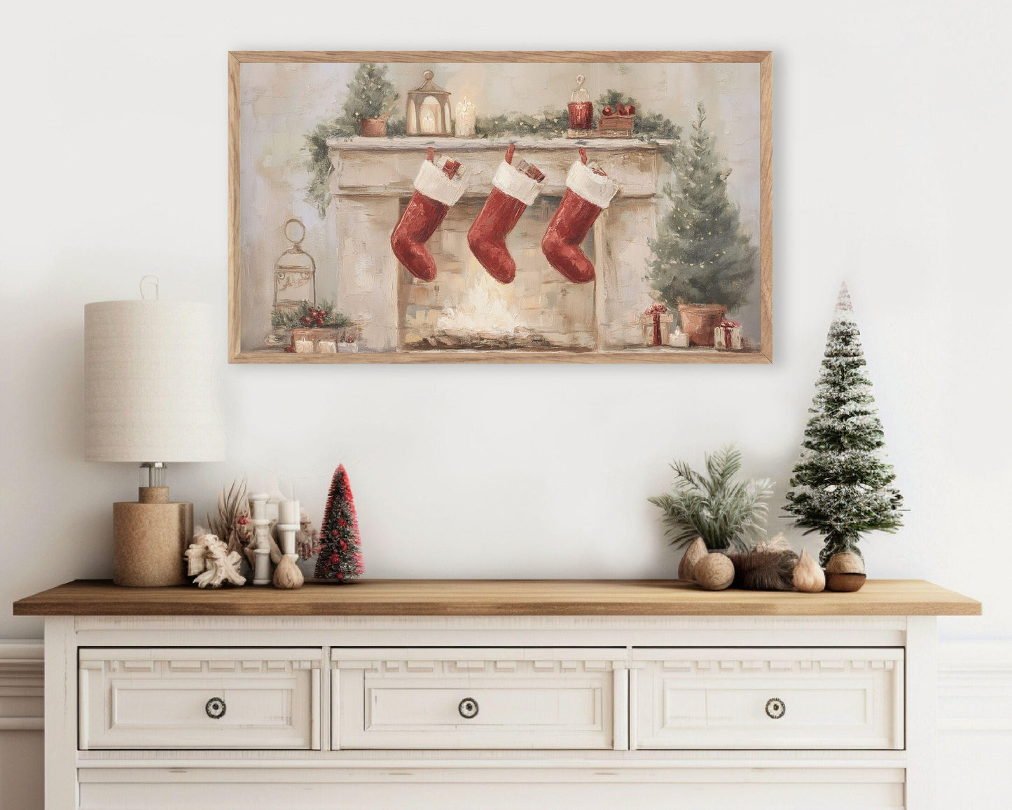 FRAME TV art 3 Christmas Stockings by Fireplace, Samsung Frame TV art Cute Winter Holiday Picture for kids | TV983
