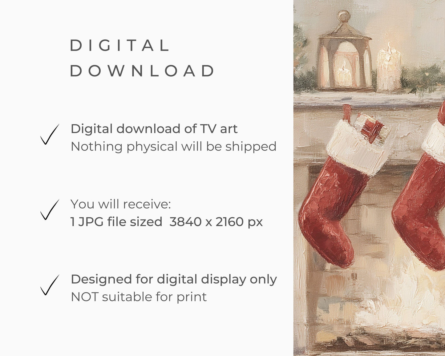 FRAME TV art 3 Christmas Stockings by Fireplace, Samsung Frame TV art Cute Winter Holiday Picture for kids | TV983