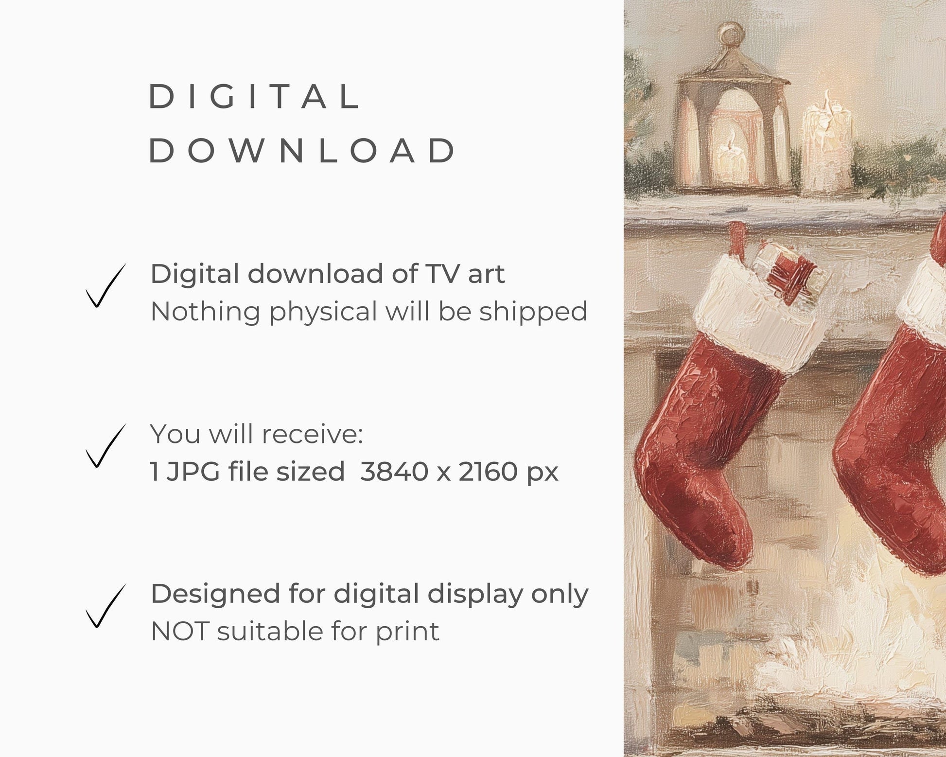 FRAME TV art 3 Christmas Stockings by Fireplace, Samsung Frame TV art Cute Winter Holiday Picture for kids | TV983