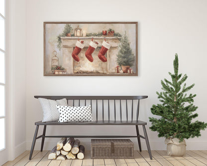 FRAME TV art 3 Christmas Stockings by Fireplace, Samsung Frame TV art Cute Winter Holiday Picture for kids | TV983