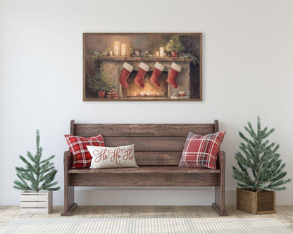 FRAME TV art Christmas Stockings by Fireplace, Samsung Frame TV art Cozy Winter Holiday Vintage Style Painting | TV984