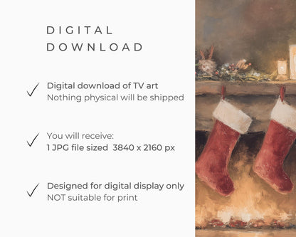 FRAME TV art Christmas Stockings by Fireplace, Samsung Frame TV art Cozy Winter Holiday Vintage Style Painting | TV984