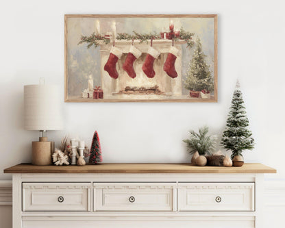 FRAME TV art 4 Christmas Stockings by Fireplace, Samsung Frame TV art Cozy Winter Holiday Picture for kids | TV985