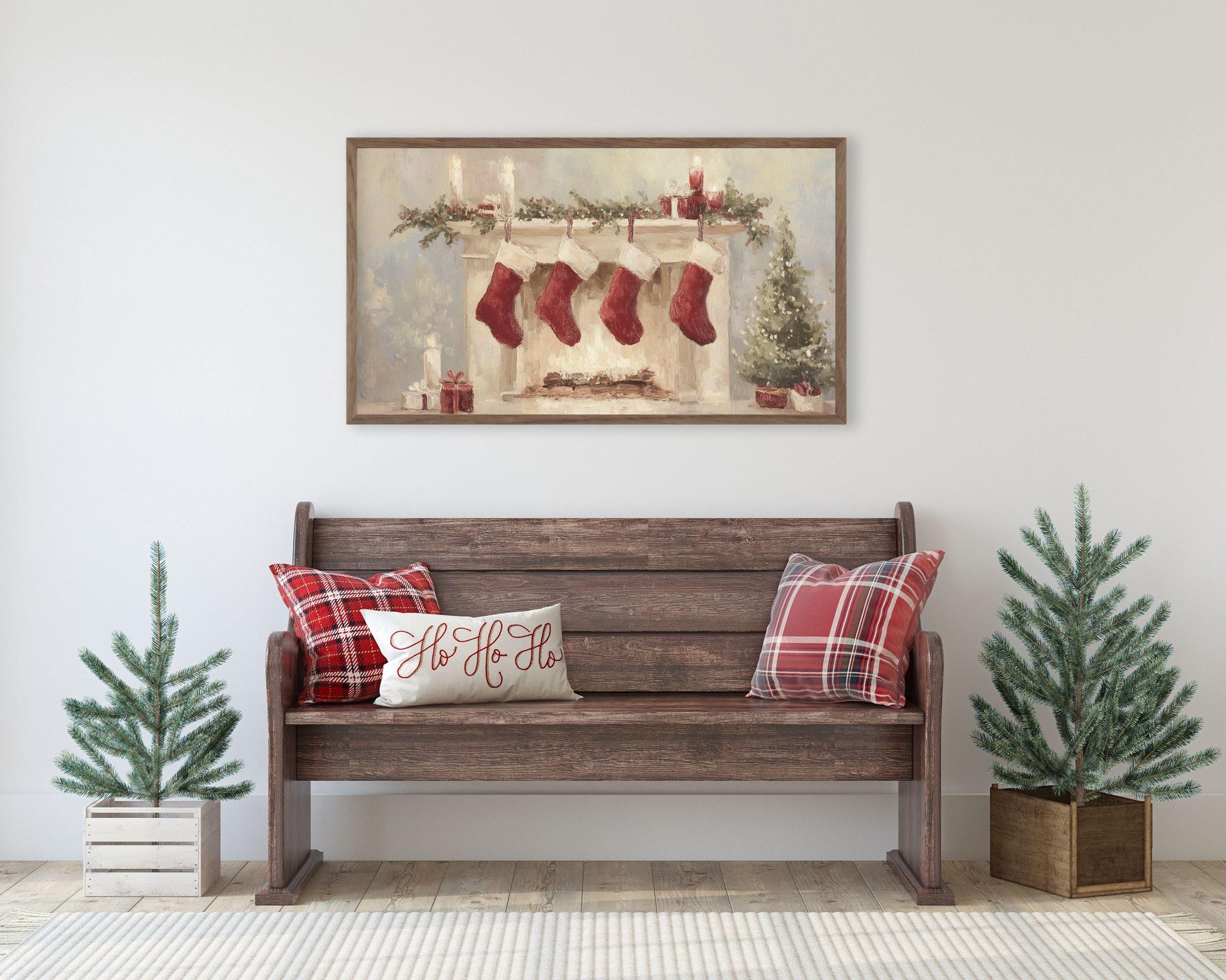 FRAME TV art 4 Christmas Stockings by Fireplace, Samsung Frame TV art Cozy Winter Holiday Picture for kids | TV985