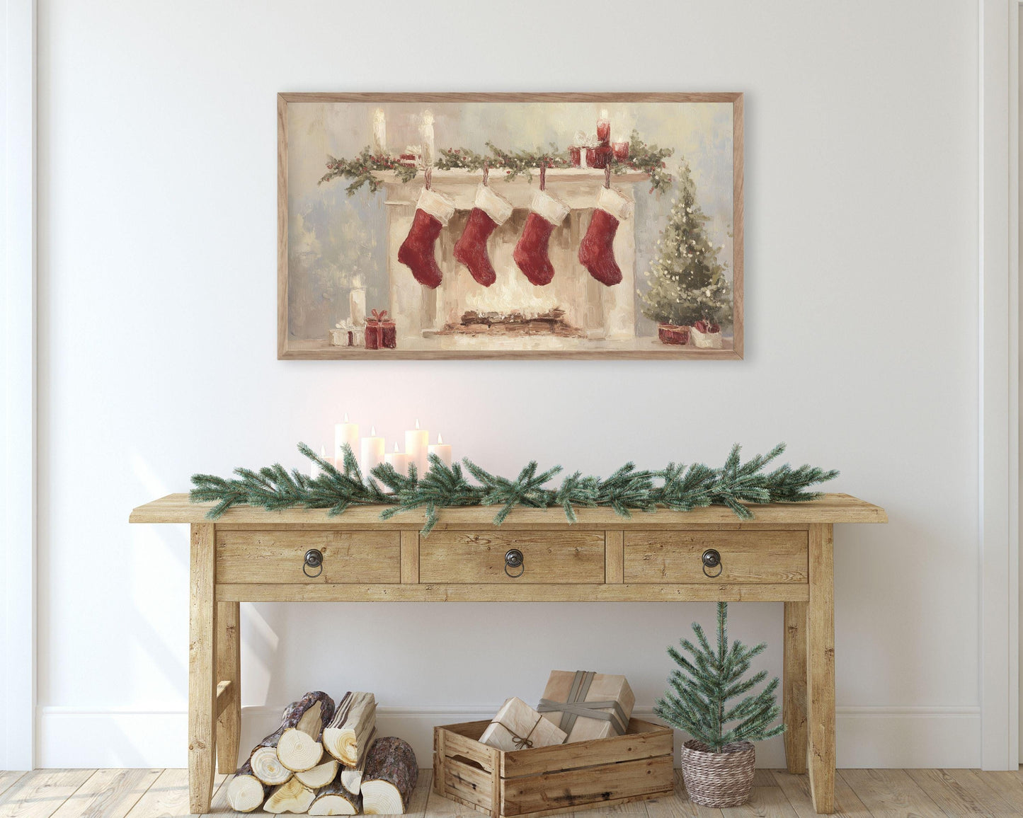 FRAME TV art 4 Christmas Stockings by Fireplace, Samsung Frame TV art Cozy Winter Holiday Picture for kids | TV985