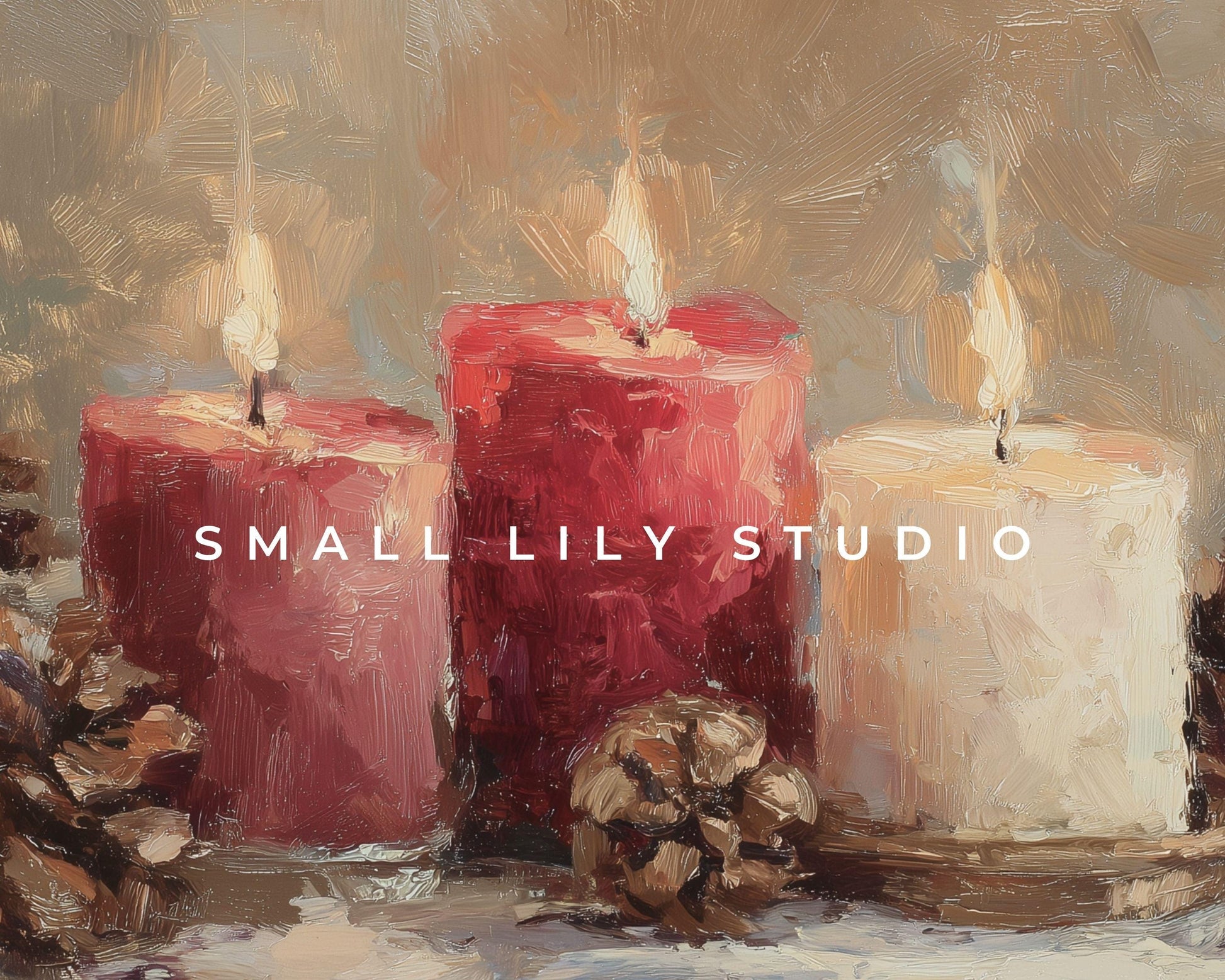 FRAME TV art Candles and Pinecones, Samsung Frame TV art Cozy Winter Holiday Vintage Style Painting | TV986